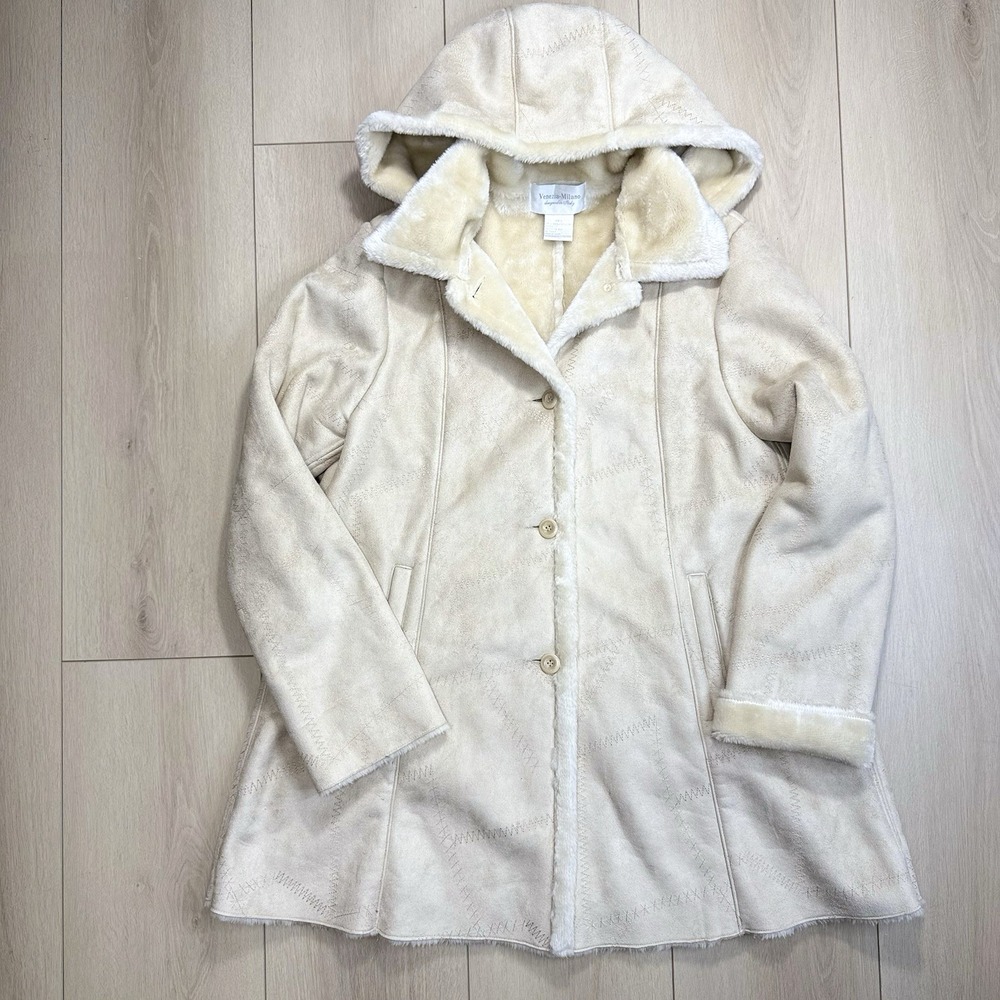 Venezia Milano Faux Shearling Hooded‎ Coat Women L Ivory Long Winter Jacket